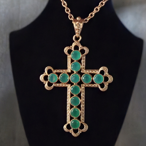 Nicky Butler Designer Signed Bronze Collection Green Chalcedony Cross Necklace main image 6